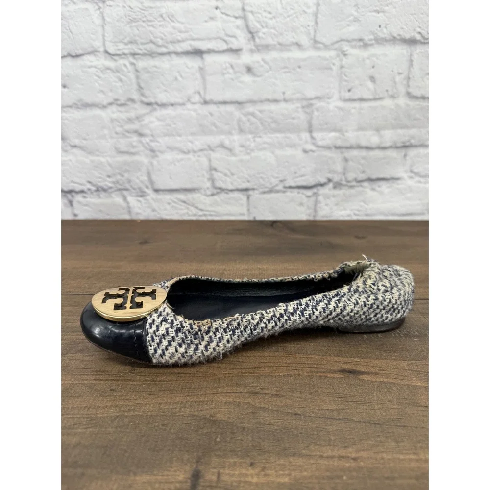Tory Burch Reva Tweed Ballet Flats Blue Ivory Gold Logo Cap Toe Size 7